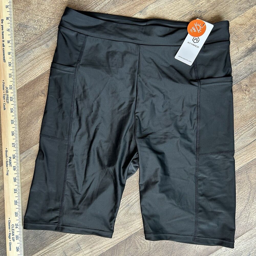 Attraco Women’s L Black Long Swim Shorts High Waist Pockets UPF 50+ NWT